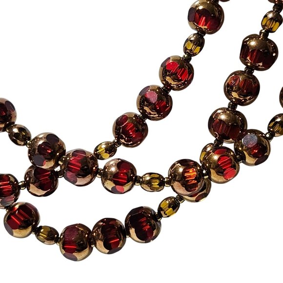 Vintage Triple Strand Red Gold Beaded Necklace Geometric Clasp Retro Fashion - Picture 2 of 6